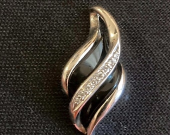 Vintage Sterling Silver Black Onyx Stone Pendant with Rhinestones 925