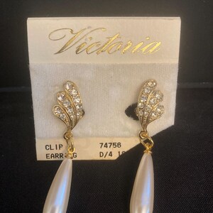 Vintage Victoria Clip On Faux Pearl Gold Tone and Rhinestone Earrings