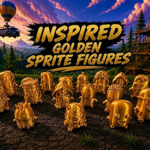 May include: A collection of small, metallic gold-coloured character figures arranged on a dark, textured surface. The text "INSPIRED GOLDEN SPRITE FIGURES" is displayed in large, bold, gold lettering above the group of fifteen distinct figurines.