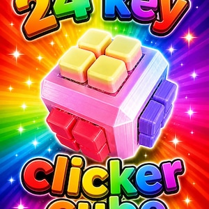 May include: A pink cube-shaped fidget toy featuring twenty-four individual square buttons in yellow, red, and purple. The text 24 key Clicker Cube is displayed in large, colourful, bold letters against a vibrant rainbow background with starbursts.