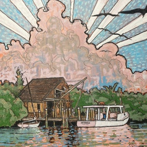 May include: A painting of a wooden house on stilts over water with a white boat docked next to it. The sky is a light blue with white and pink clouds. The house has a brown roof and white siding. The boat has a white hull and a brown cabin. The water is a light blue with reflections of the sky and clouds.