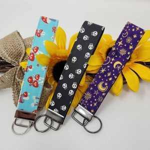 Handmade Key Fob Wristlet Keychain - Mushrooms, Skulls or Celestial