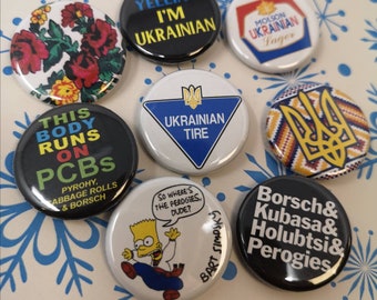 Ukrainian Theme 1.25" Pinback Buttons - Tryzub, Borsch, Vintage Parody Styles