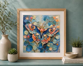 Painterly Butterfly Wall Art Print, Botanical Nature Decor, Blue Orange Moth Artwork (Digital Download)