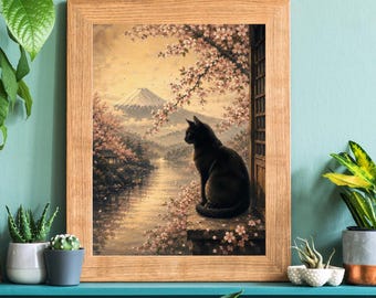 Black Cat Cherry Blossom Art, Japandi Mount Fuji Print (Digital Download)