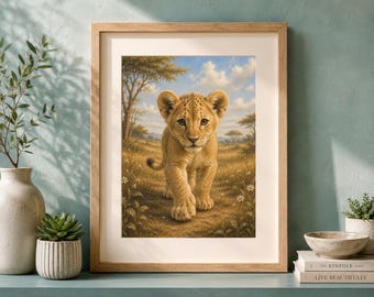 Lion Cub Wall Art, Golden Savanna Nursery Print, Baby Animal (Digital Download)
