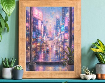 Neon Tokyo Rain Window Print – Cyberpunk Cityscape Photography (Digital Download)