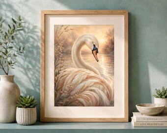 Swan Wall Art Print, Warm Golden Swan Painting, Elegant Bird Printable, Soft Neutral Lake Artwork, Romantic Nature Decor
