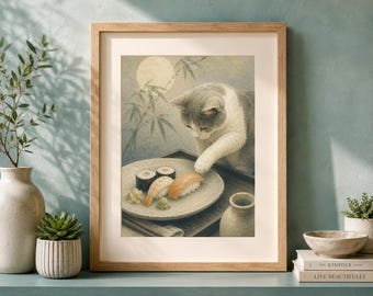 Whimsical Cat Sushi Print, Japandi Kitchen Wall Art, Painterly Japanese Decor (Digital Download)