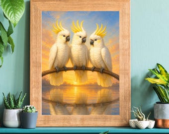 Stampa artistica di un trio di cacatua: fauna selvatica australiana al tramonto (download digitale)
