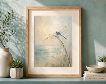 Coastal Dragonfly Print, Blue Painterly Nature Art, Serene Beach House Decor (Digital Download)