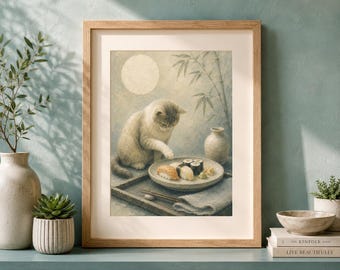 Whimsical Cat Sushi Print, Japandi Kitchen Wall Art, Painterly Japanese Decor (Digital Download)