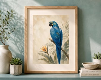 Blue Parrot Wall Art | Hyacinth Macaw Tropical Bird Painting (Digital Download)