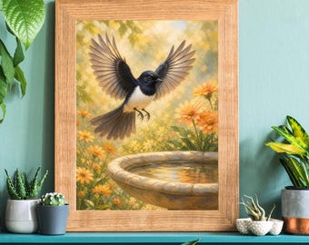 Impressão artística do pássaro Willie Wagtail, pintura floral de jardim australiano (download digital)
