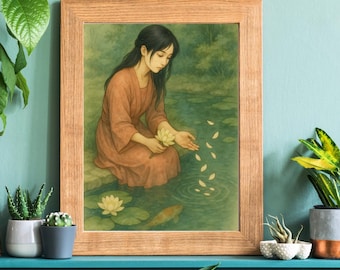 Lotus Flower and Koi Fish Watercolor Print: Tranquil Garden Pond Art (Digital Print)