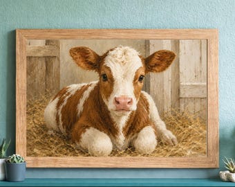 Baby Calf Nursery Print, Whimsical Farm Animal Barnyard Decor (Digital Download)
