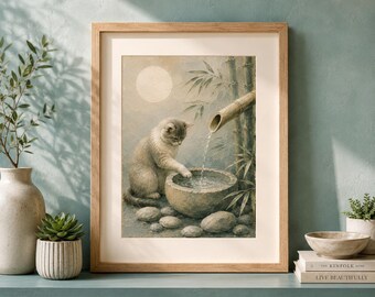 Japandi Cat Art Print, Zen Bamboo Fountain Painting, Japanese Inspired Decor (Digital Download)