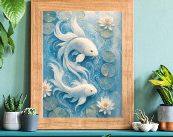 Yin Yang Koi Fish Art Print, Tranquil Blue Zen Lotus Decor (Digital Download)