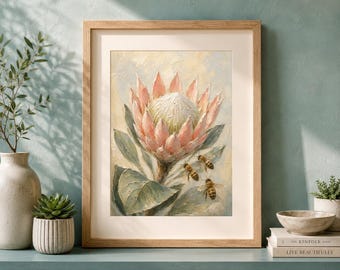 Stampa artistica da parete con protea reale e api, fiore di protea, decorazione botanica pittorica per pareti, opera d'arte per giardino in stile cottage, download digitale.