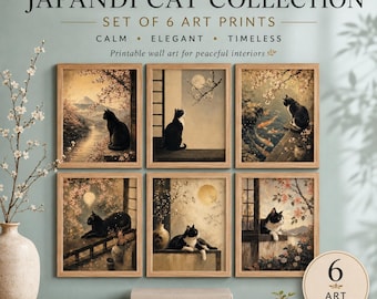 Japandi Cat Art Prints, Set of 6 Japanese Inspired Wall Decor (Digital Downloads)