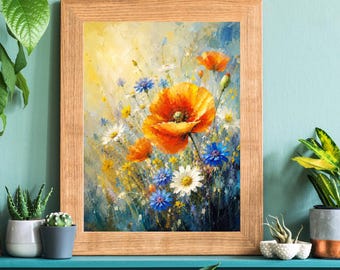 Vibrant poppies in a sunlit meadow with Field flowers wall art print