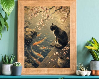 Tuxedo Cat Koi Pond Art, Cherry Blossom Garden Print, Japandi Animal (Digital Download)