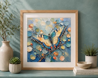 Painterly Butterfly Wall Art Print, Botanical Nature Decor, Blue yellow Moth Artwork (Digital Download)