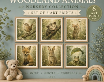 Woodland Animals Nursery Art Prints, Set of 6, Storybook Style (Digital Download)