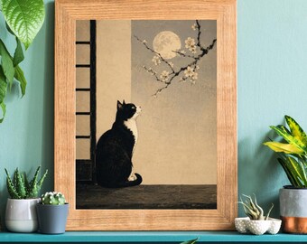 Black Cat Mount Fuji Print, Cherry Blossom Japandi Wall Art (Digital Download)