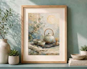 Japandi Tea Ceremony Wall Art, Serene Zen Tea Setting Print, Sage Green Neutral Kitchen Decor, Japanese Inspired Digital Download