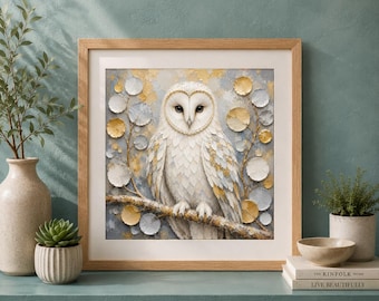 White Barn Owl Art Print, Painterly Woodland Animal, Gold Silver Accents (Digital Download)