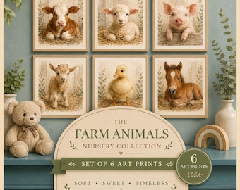 Set of 6 Baby Farm Animal Nursery Prints, Whimsical Barnyard Decor (Digital Download)