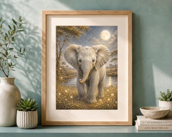 Baby Elephant Wall Art, Moonlit Safari Nursery Print, Gold Neutral Animal (Digital Download)