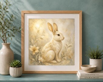 Serene Elegant floral rabbit  Art Print, Elegant Boho Decor (Digital Download)
