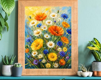 Vibrant poppies in a sunlit meadow with wild Field flowers wall art print
