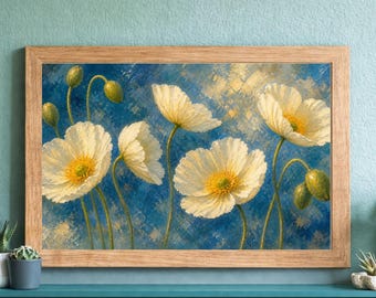 White Poppies Watercolour Print | Soft Floral Botanical Wall Art (Digital Download)