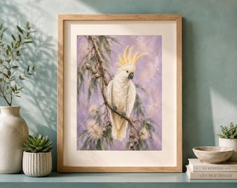 White Cockatoo Print, Lavender Australian Bird Wall Art, Sulphur Crested Cockatoo, Eucalyptus Gum Blossom Artwork, Printable Wall Decor