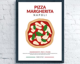 Receta de pizza margarita, póster de comida italiana napolitana, decoración de pared para cocina en Nápoles