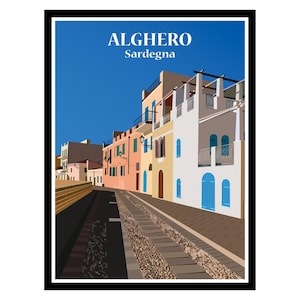 May include: A framed art print featuring a colorful illustration of Alghero, Sardinia. The artwork depicts buildings in shades of peach, yellow, and white with blue doors and windows. The words "ALGHERO Sardegna" are printed at the top against a blue sky.