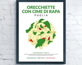 Orecchiette con Cime di Rapa Rezept, Italienische Pasta Poster Apulische Lebensmittel Küche Wand Dekor
