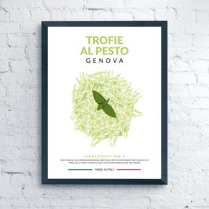 May include: A framed print with the words "Trofie al Pesto Genova" in green. The image shows a graphic of pasta and basil leaves. The bottom of the print lists ingredients and "Made in Italy".