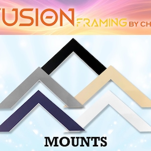 May include: Image showing V-shaped picture frame mounts in black, grey, navy, cream, and white. The text "FUSION FRAMING BY CHRIS" is at the top, and "MOUNTS" is at the bottom.