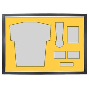 May include: A rectangular black picture frame with a bright yellow mount featuring six cutouts for display. The layout includes one large t-shirt shape, one tall exclamation mark shape, one vertical rectangle, two small horizontal rectangles, and one thin strip.