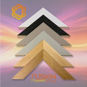 May include: A stack of six angled picture frame moulding samples arranged in a chevron pattern. The colours include white, black, grey, light grey, and two shades of natural wood grain. The text FUSION FRAMING BY CHRIS appears at the bottom.