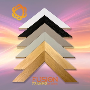 May include: A selection of picture frame samples in various colours, arranged in a layered, chevron-like pattern. Colours include white, black, grey, and wood tones. The text "FUSION FRAMING by Chris" is displayed at the bottom.