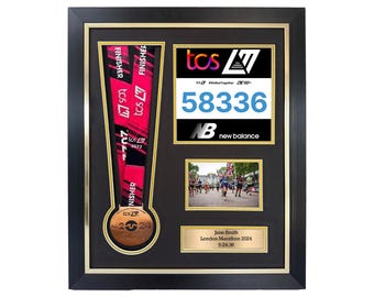 Marathon Medal Display Frame: Race Bib & Photo. Number Framing Kit + Personalised Plaque Metal