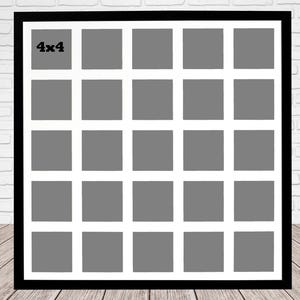 May include: Black framed photo collage with a 4x4 grid of grey squares. The text "4x4" is in the upper left corner. The frame is black, and the background is a white brick wall and wooden floor.