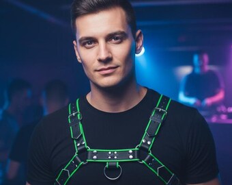 Lime Green & Black Leather Chest Harness, Adjustable Bondage