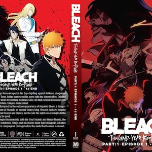 May include: DVD case for "Bleach: Thousand-Year Blood War, Part 1". The cover shows several anime characters in dynamic poses, with the title in bold white letters. The background is a blend of red and black.