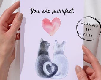 Greeting Card | Printable Cat Love Card | Digital Download | Charming Romantic Gift for Husband, Wife, Partner